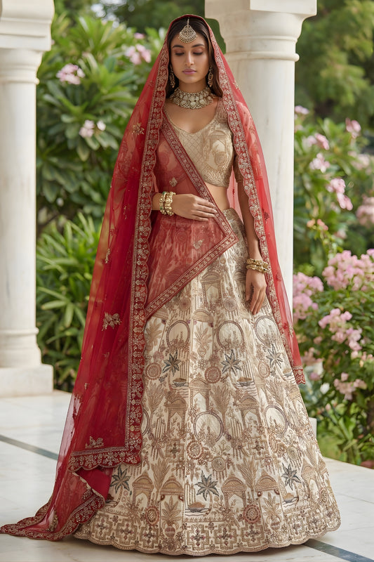 Fancy Cream Silk Heavy Embroidered Bridal Lehenga Choli with Red Net Dupatta for Wedding