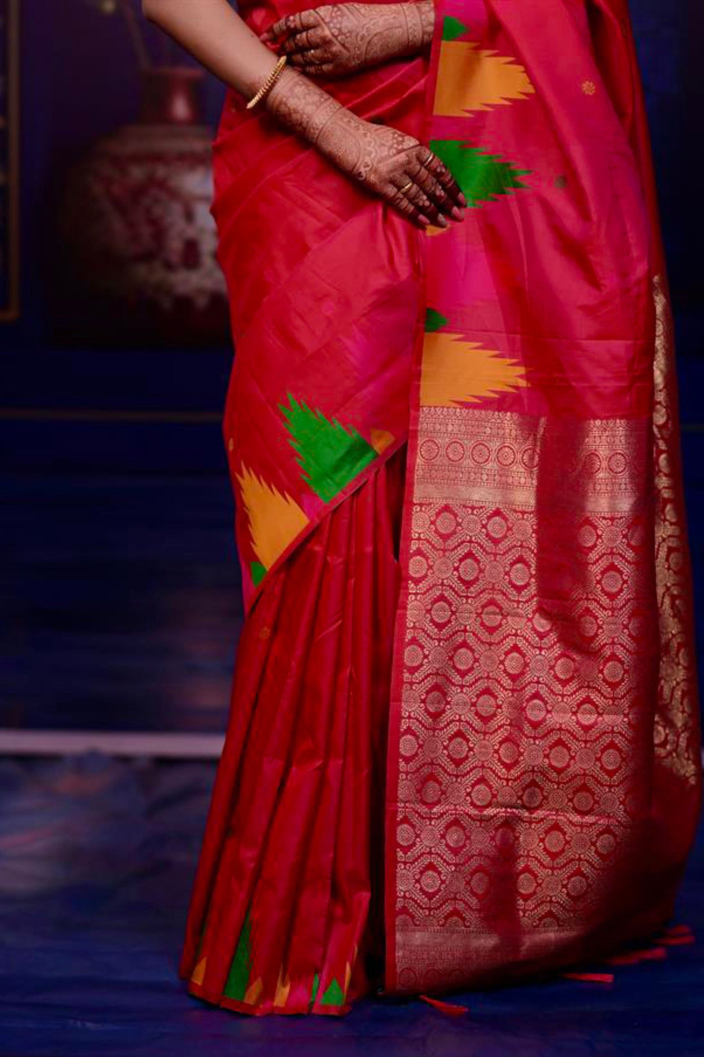 Rani Pink Soft Silk Saree with Multicolor Temple Border Rich Zari Pallu
