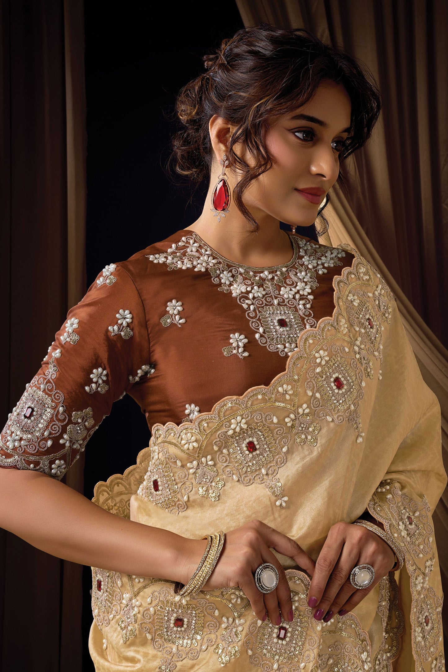 Beige Gold Embroidered Designer Saree Heavy Border Blouse