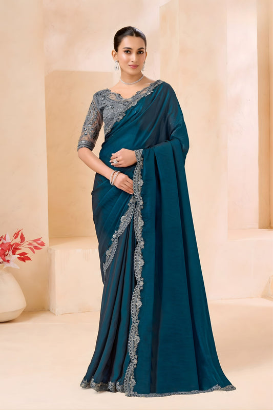 Teal Blue Designer Saree with Grey Embroidered Blouse