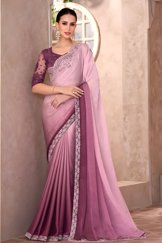 Dusty Rose Wine Ombre Chiffon Saree with Embroidered Lace Border