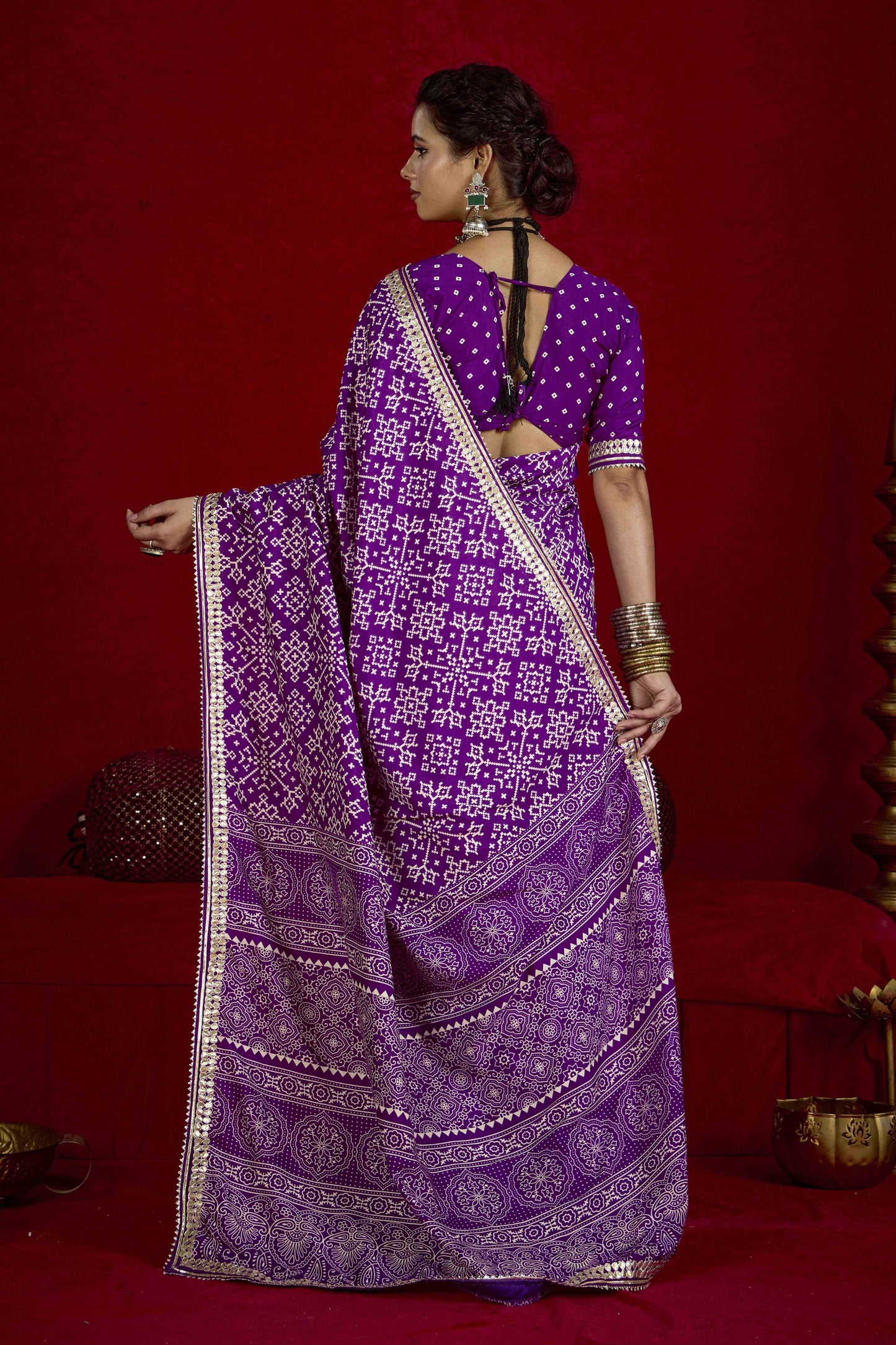 Purple Bandhej Print Festive Saree with Golden Border Matching Blouse