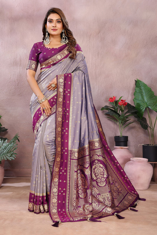 Grey Silk Saree with Wine Purple Zari Woven Border Designer Pallu