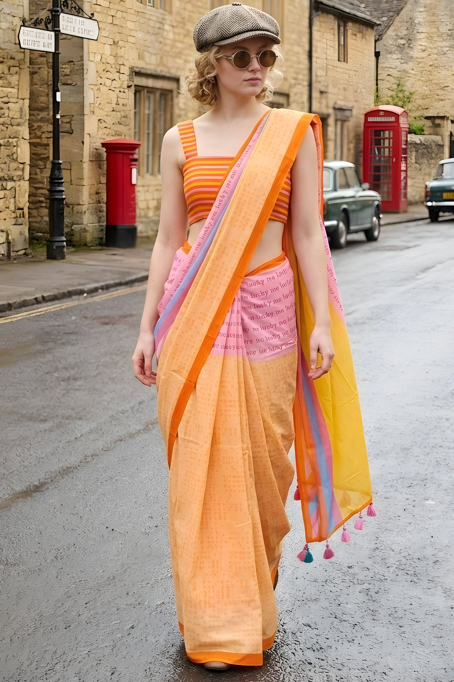 Peach Orange Designer Saree Multicolor Tassel Pallu Trendy Casual Wear Saree