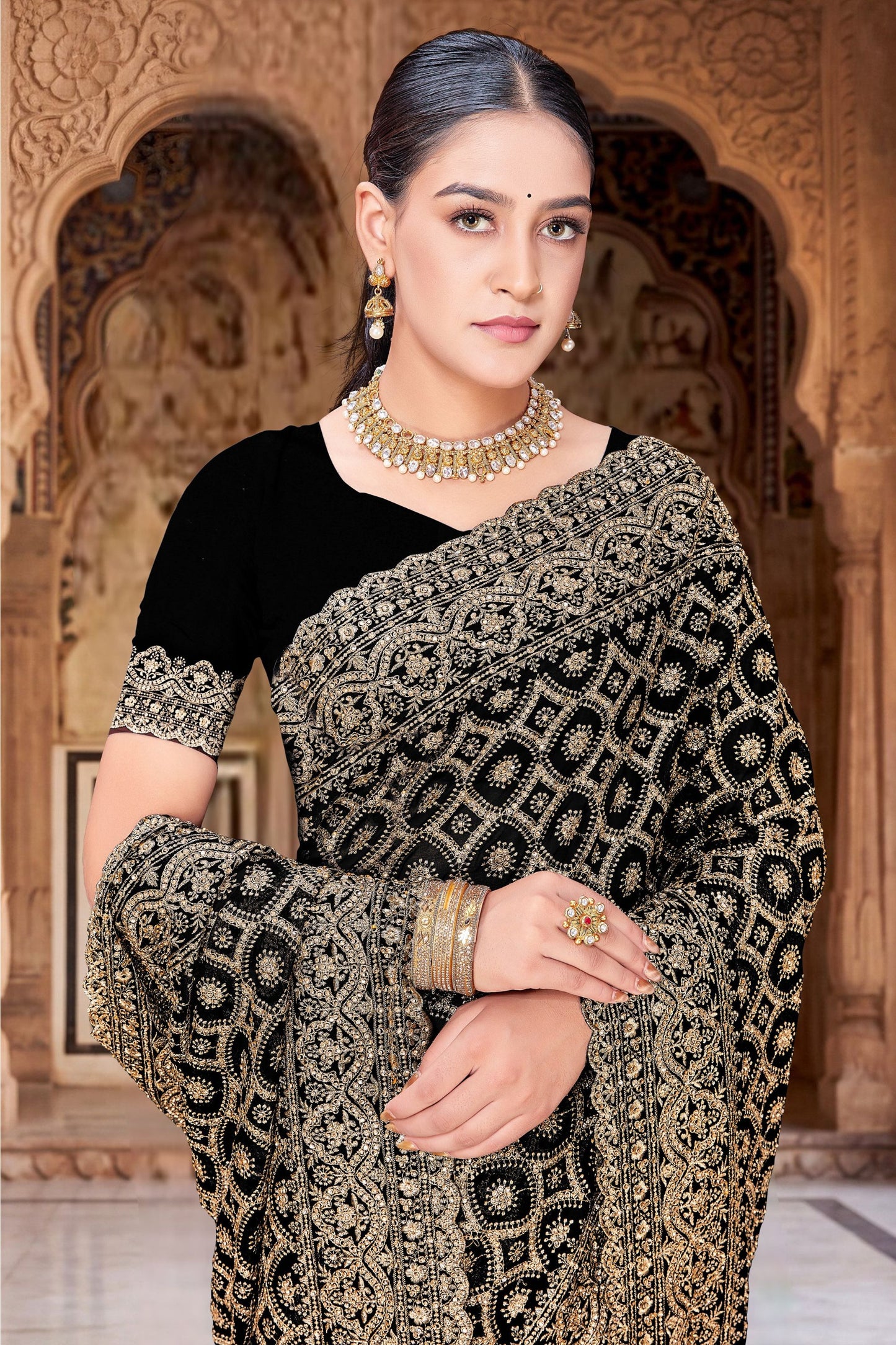 Black Georgette Saree Heavy Gold Embroidery Designer Blouse