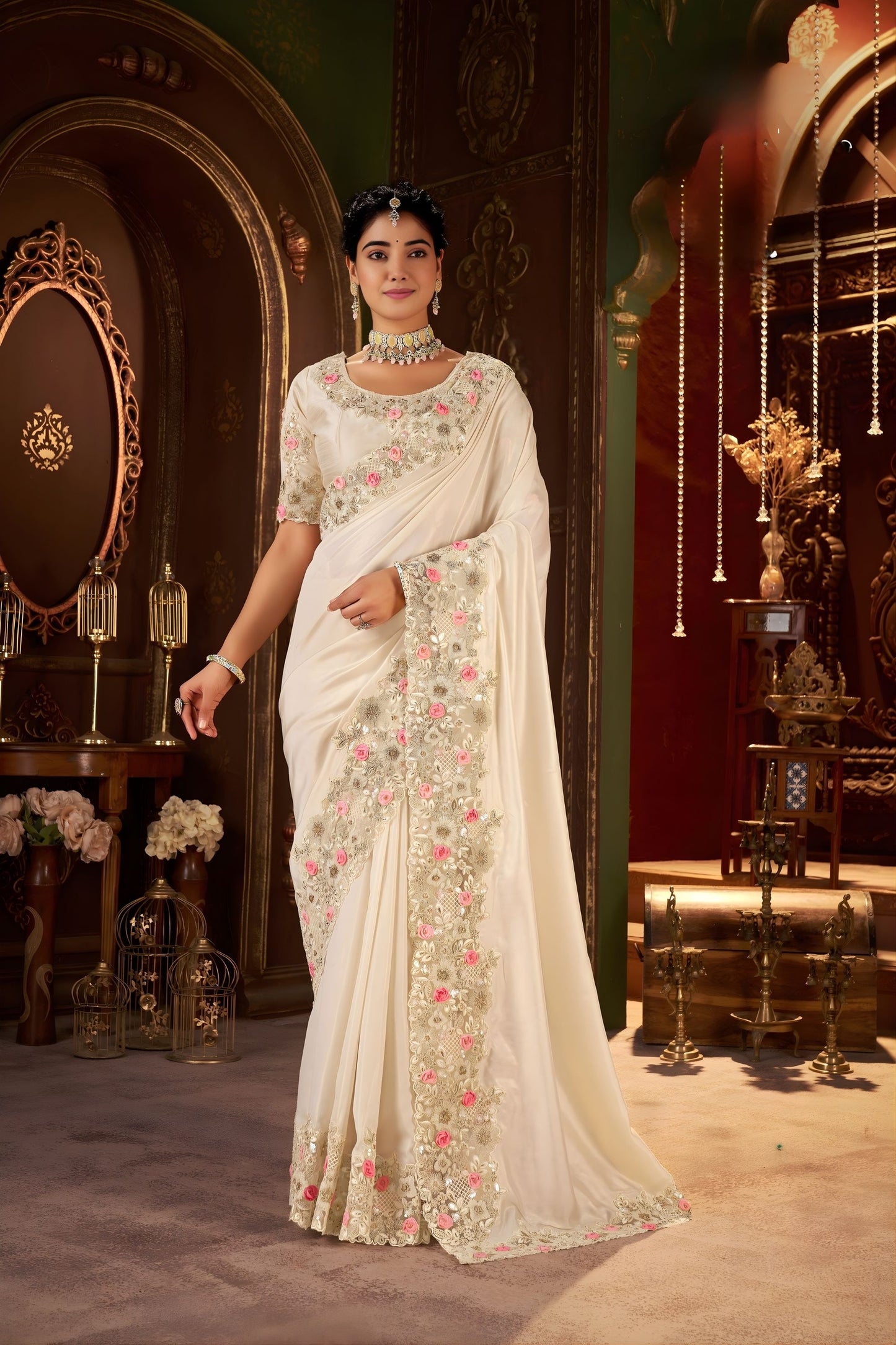 Designer Ivory Embroidered Silk Saree with Floral Border Matching Blouse