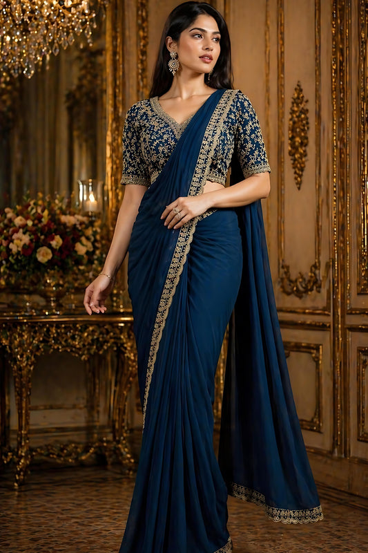 Navy Blue Designer Georgette Saree with Embroidered Blouse