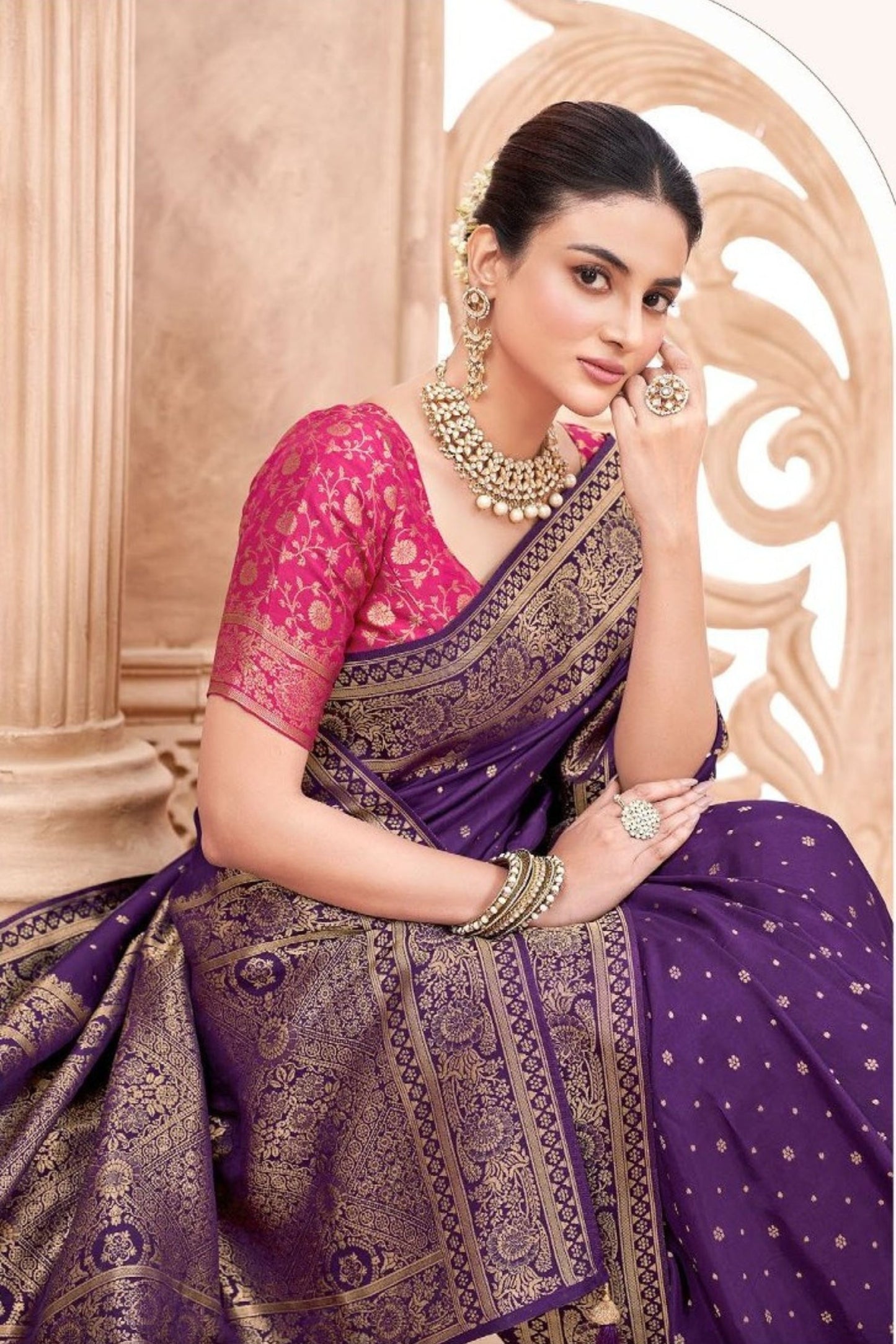 Purple Banarasi Silk Saree with Gold Zari Border Rich Pallu