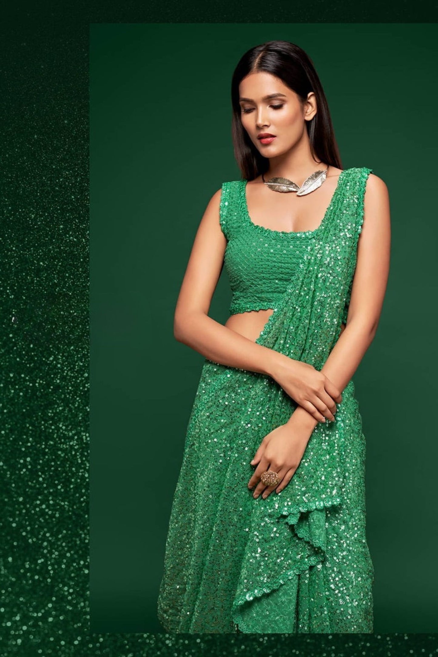 Designer Heavy Green Sequin Saree Cocktail, Sangeet Party Wear Saree
