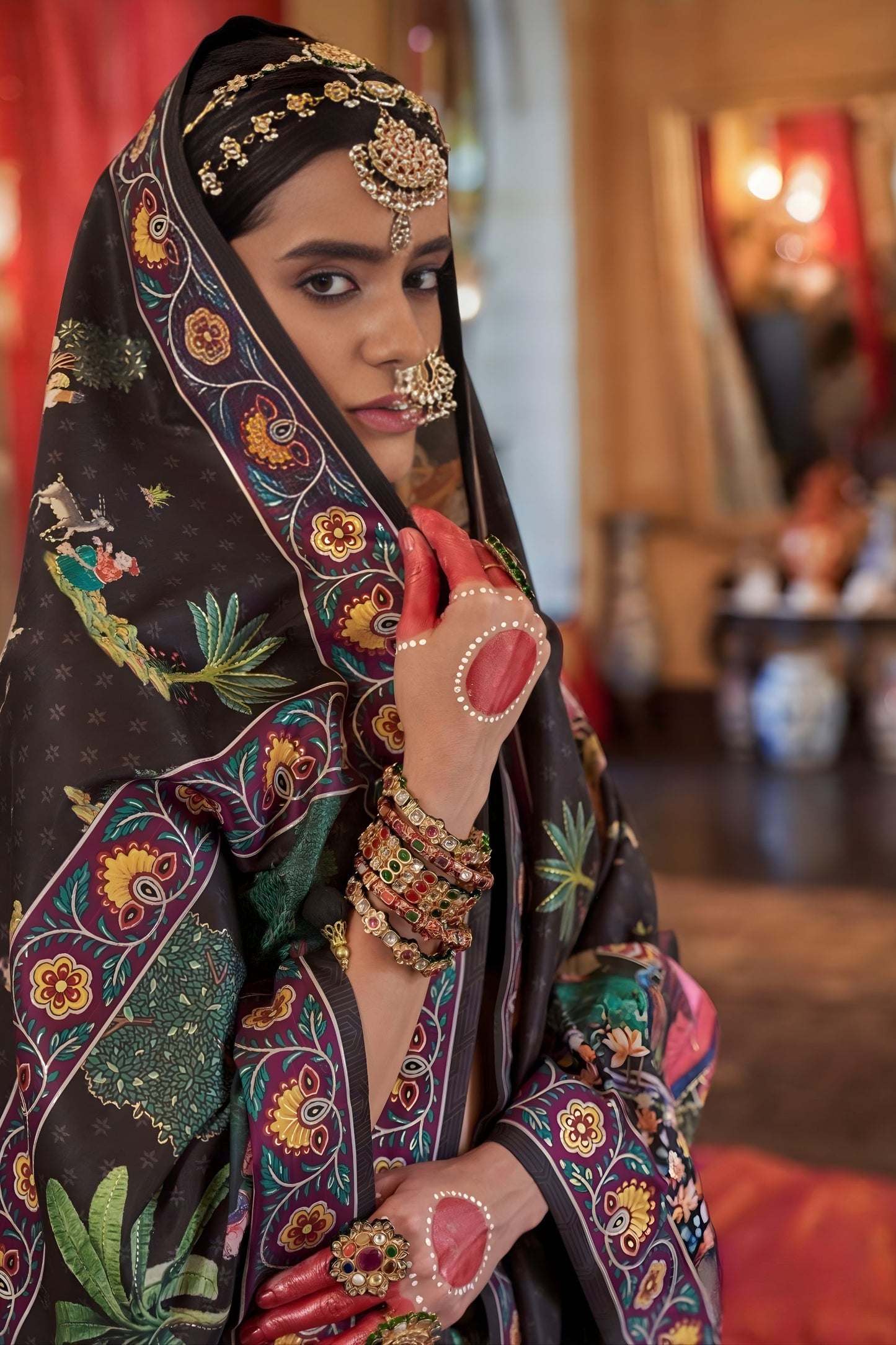 Black Designer Printed Silk Saree Royal Rajasthani Art Motif Saree