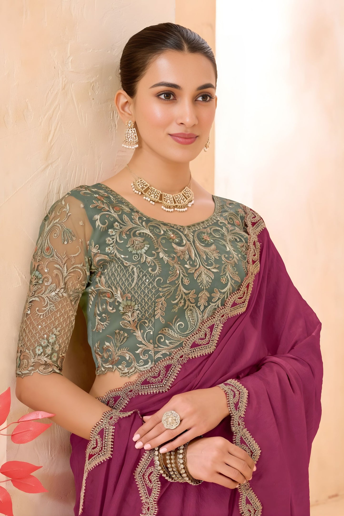 Wine Pink Silk Saree with Designer Embroidered Border Party Wear Saree