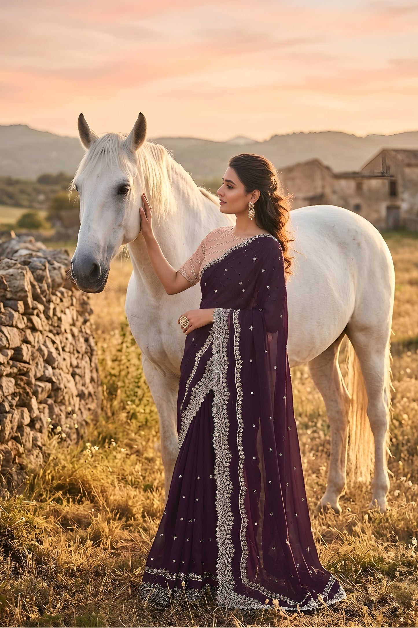 Wine Purple Designer Saree with Embroidered Lace Border and Blouse