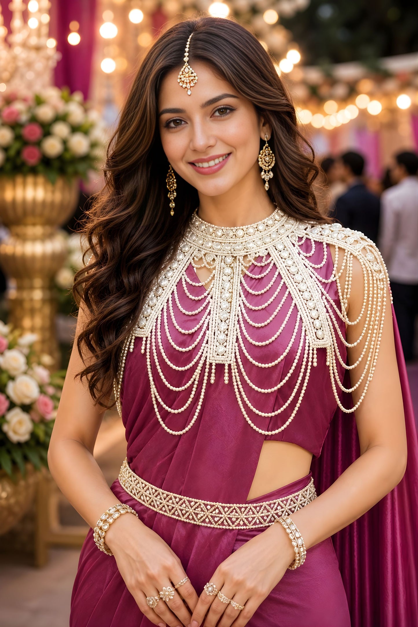 Wine Pink Designer Ready to Wear Saree with Pearl Embellished Cape Blouse