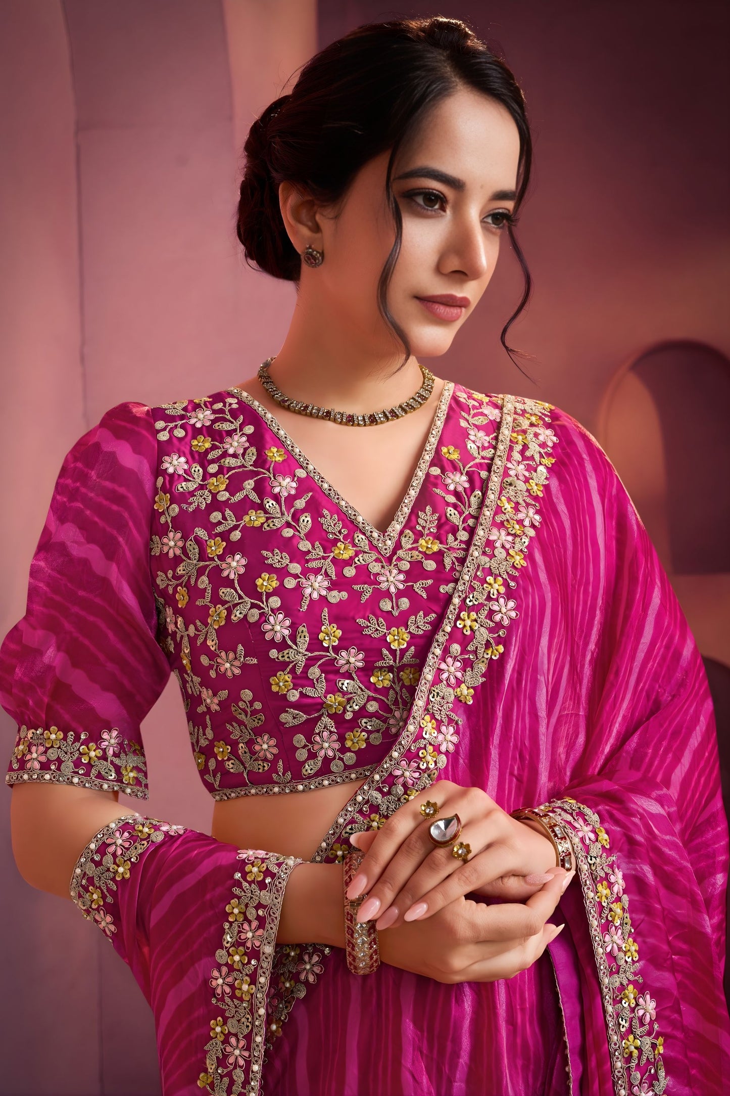 Pink Silk Bandhani Lehariya Printed Saree Embroidered Stone Work Border