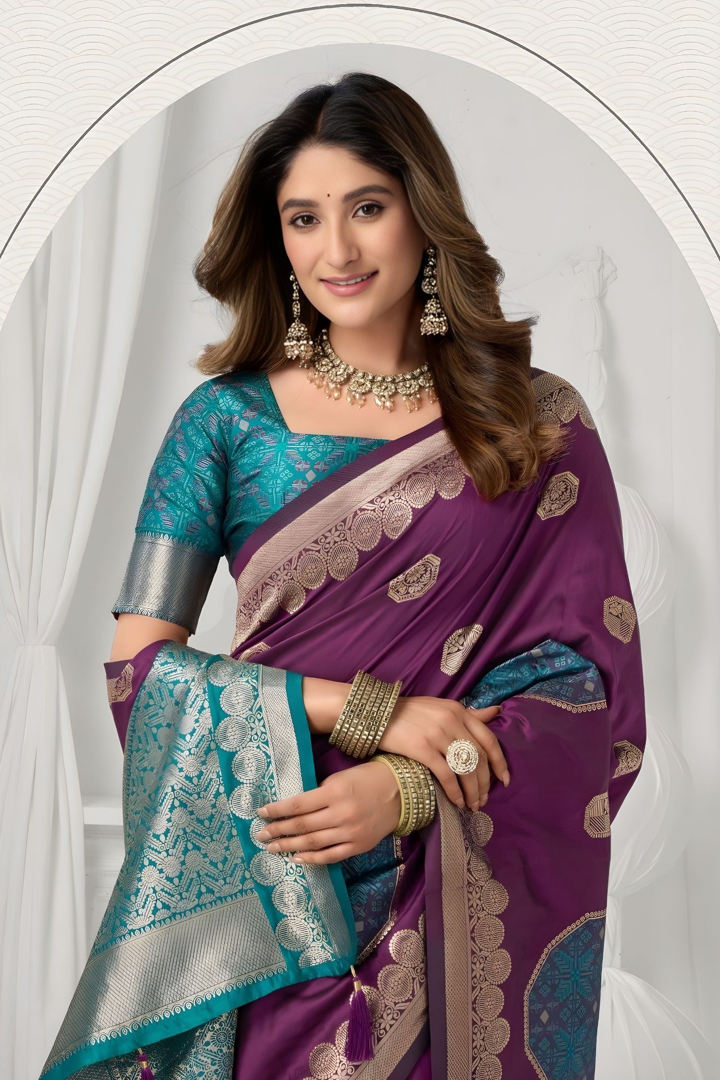 Royal Purple Banarasi Silk Saree Gold Zari Butti Teal Woven Border