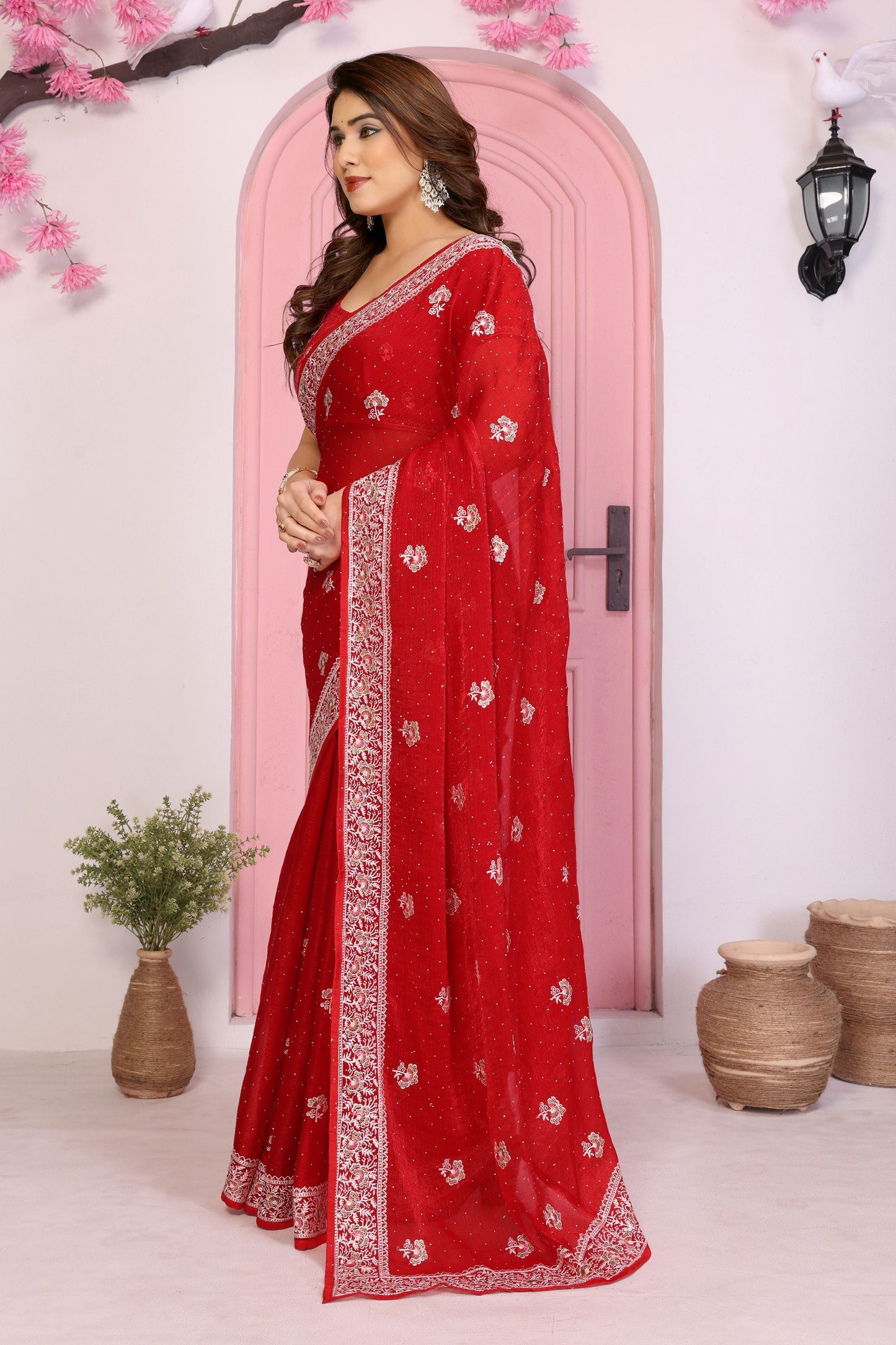 Elegant Red Embroidered Saree with Blouse Party Wear