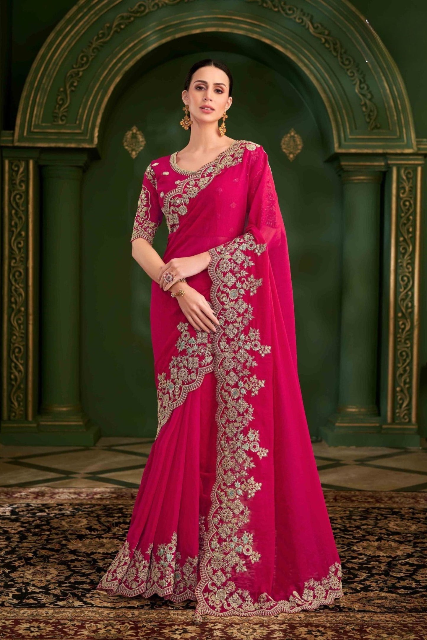 Rani Pink Silk Saree Golden Matching Blouse