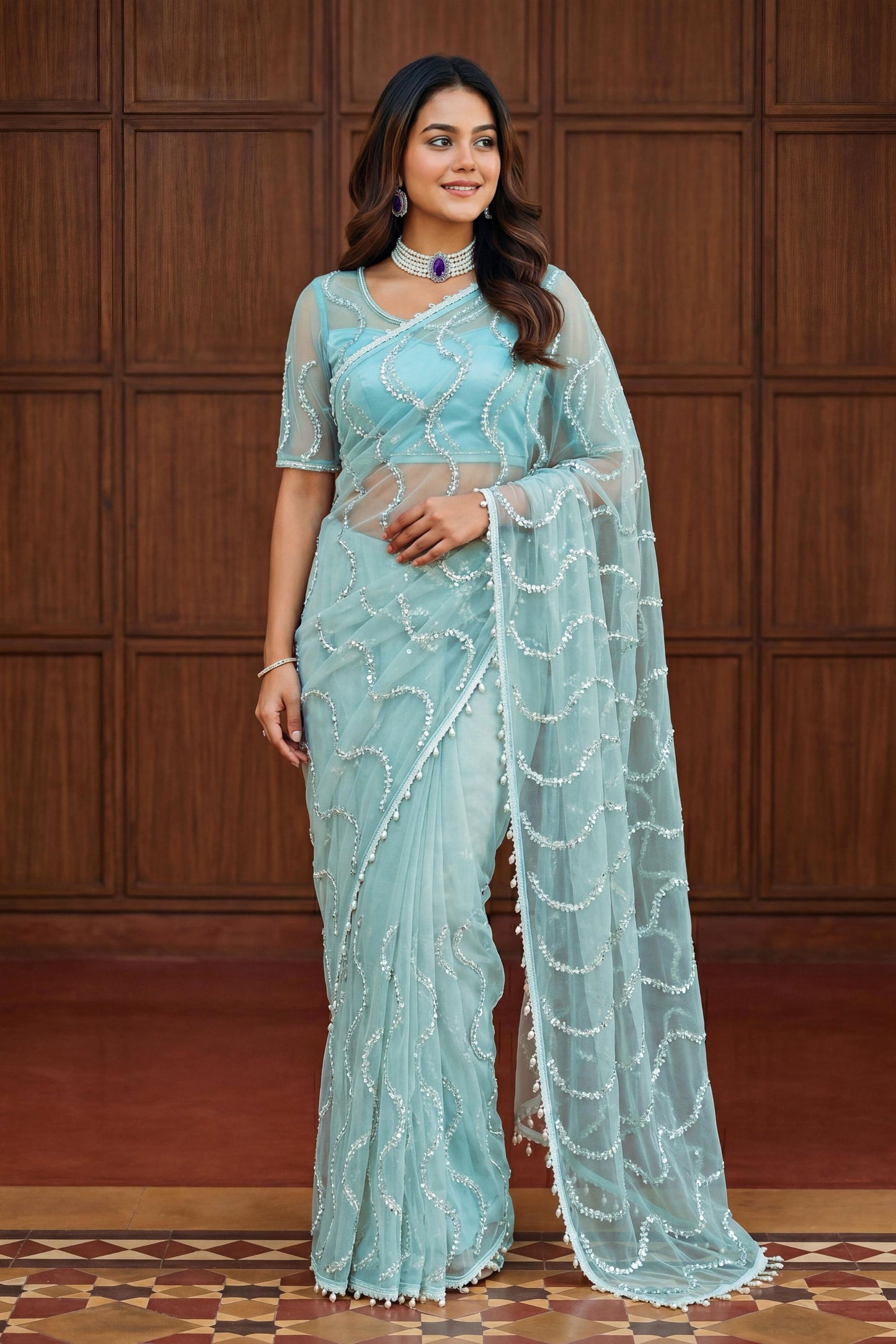 Luxury Sky Blue Net Saree with Sequins Embroidery Party Wear