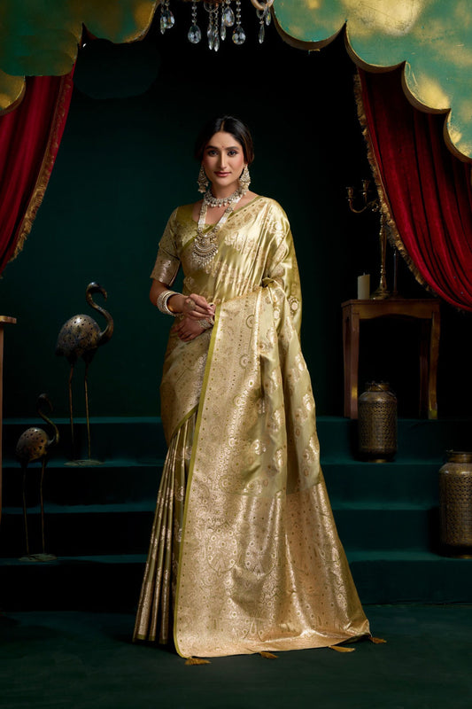 Olive Green Banarasi Silk Saree Heavy Gold Zari Weaving Rich Pallu
