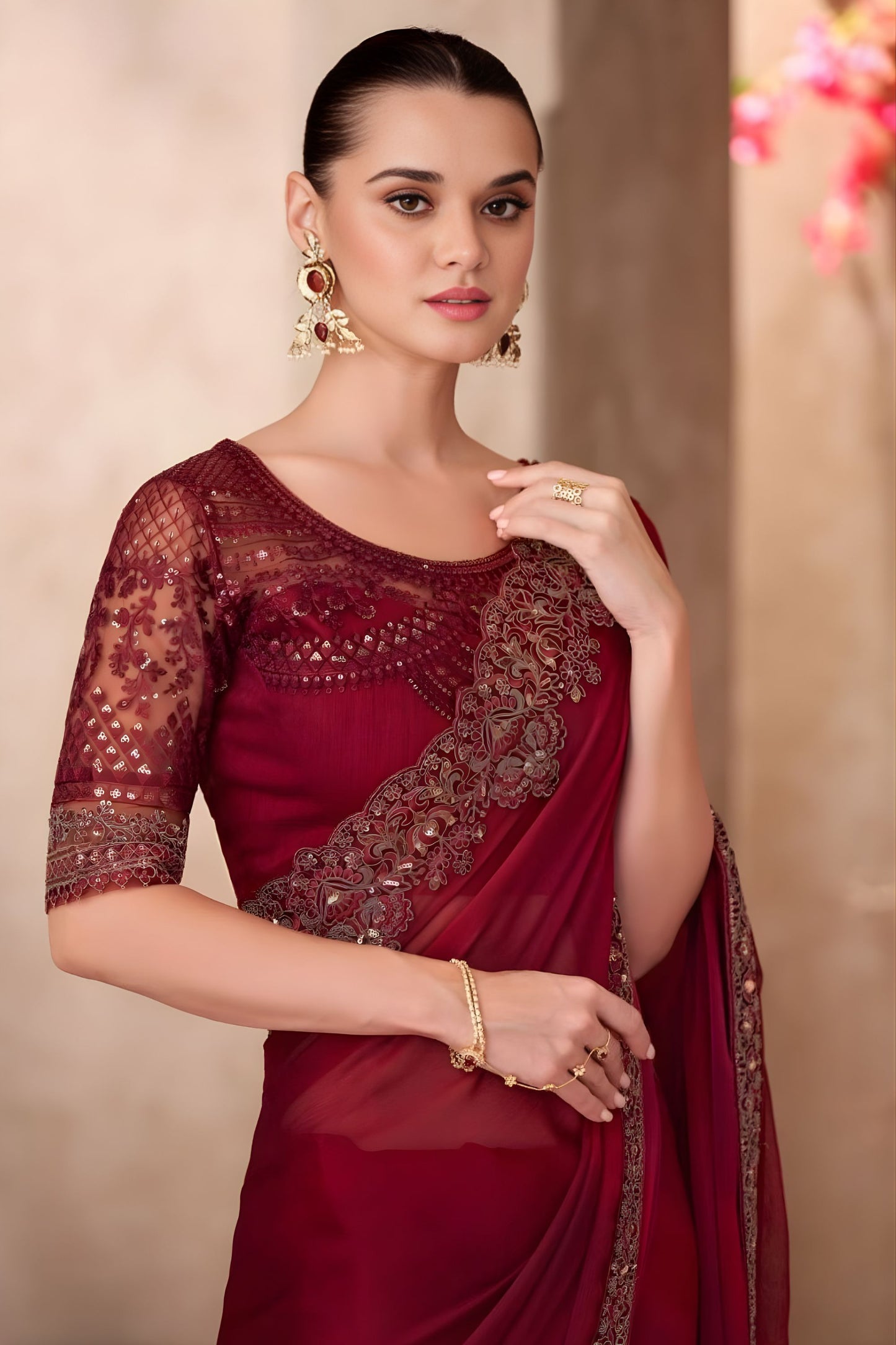 Wine Red Georgette Saree with Embroidered Border Designer Blouse
