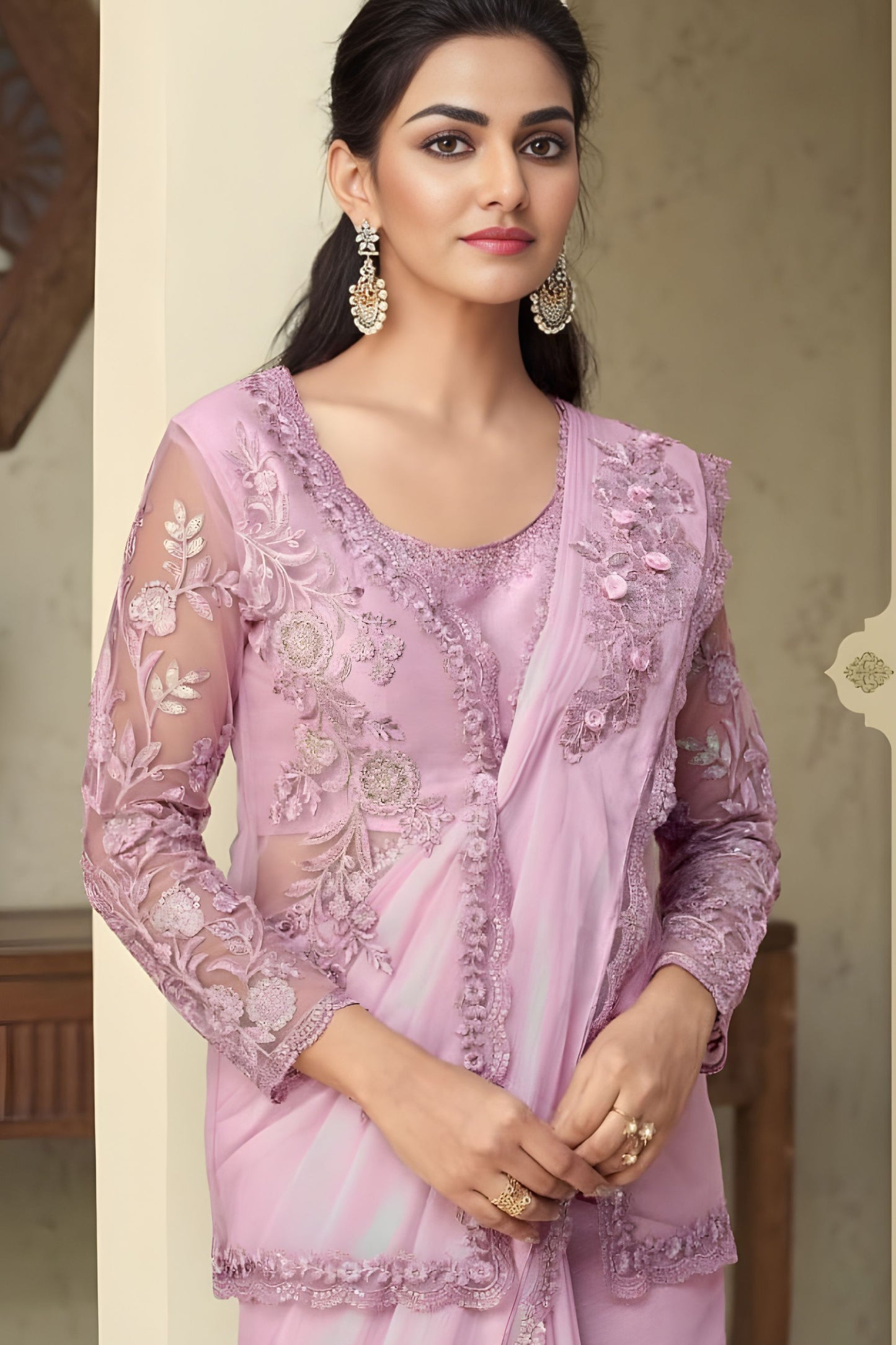 Lavender Net Embroidered Saree with Designer Blouse