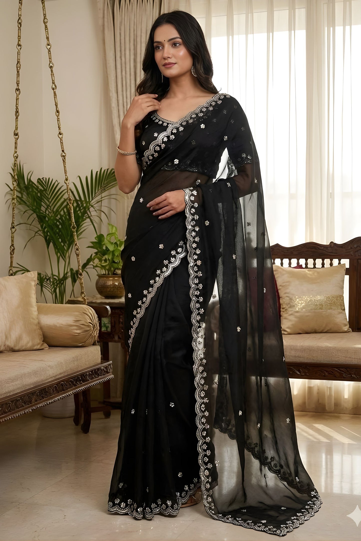 Classic Black Embroidered Georgette Saree with Silver Lace Border