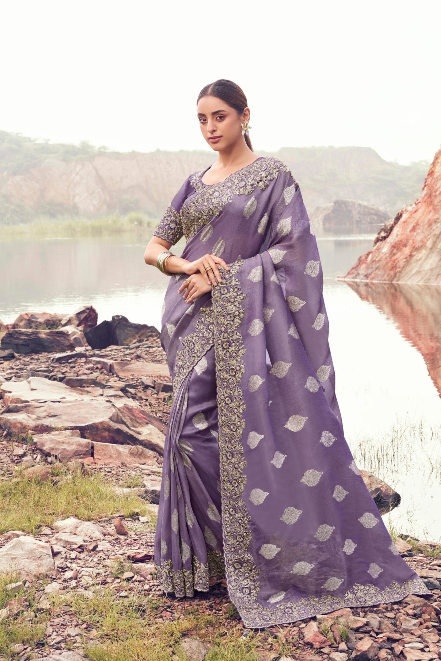 Lavender Silk Saree with Heavy Golden Embroidery Designer Blouse