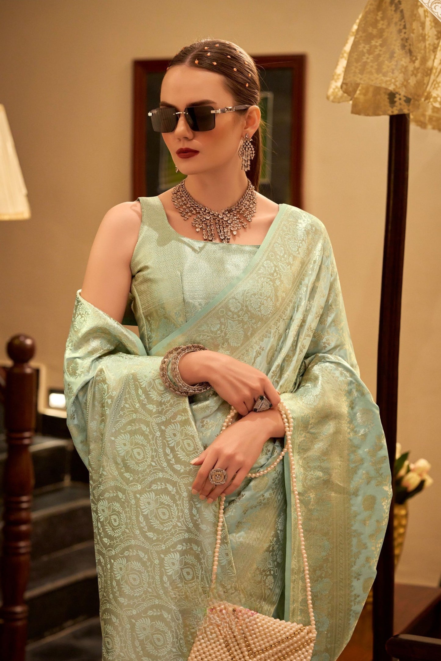 Mint Green Banarasi Silk Saree with Zari Weaving Saree