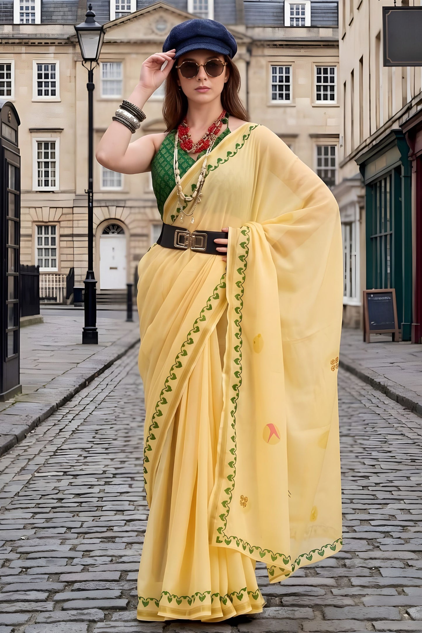 Lemon Yellow Organza Saree with Green Printed Border Designer Blouse