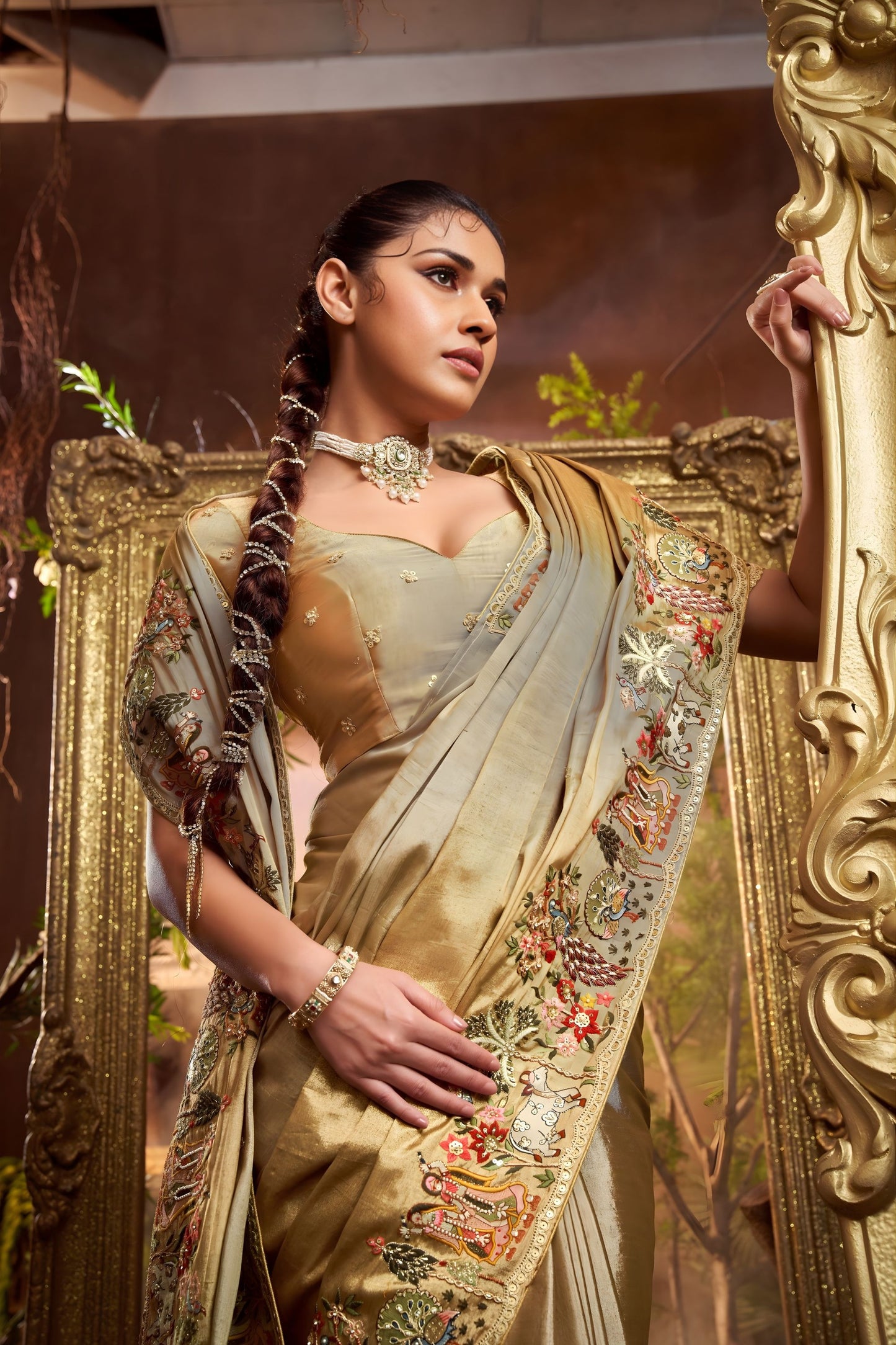 Golden Beige Embroidered Silk Saree with Floral Handwork Border