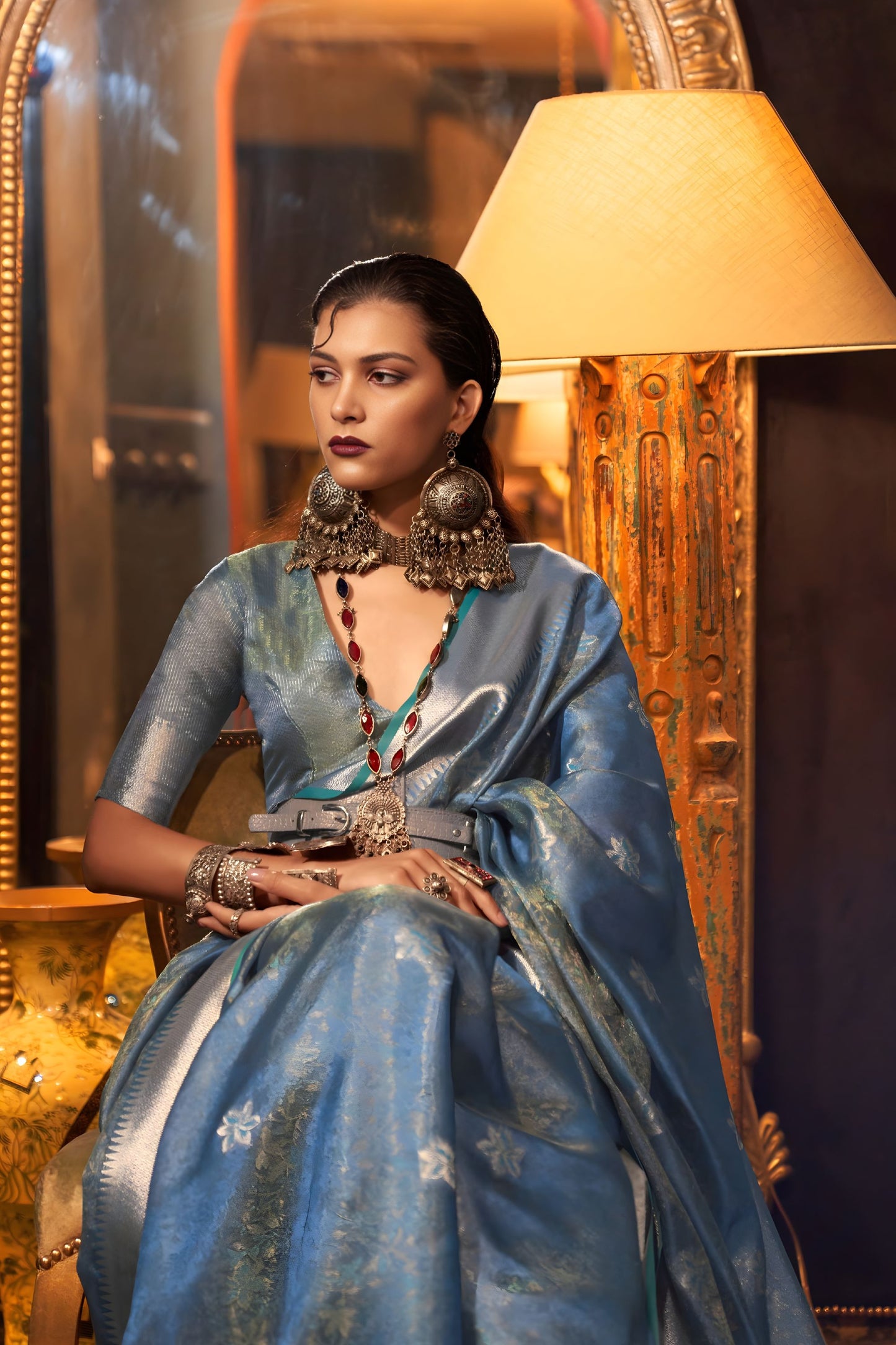 Luxury Steel Blue Banarasi Silk Saree with Silver Zari Weaving Designer Border