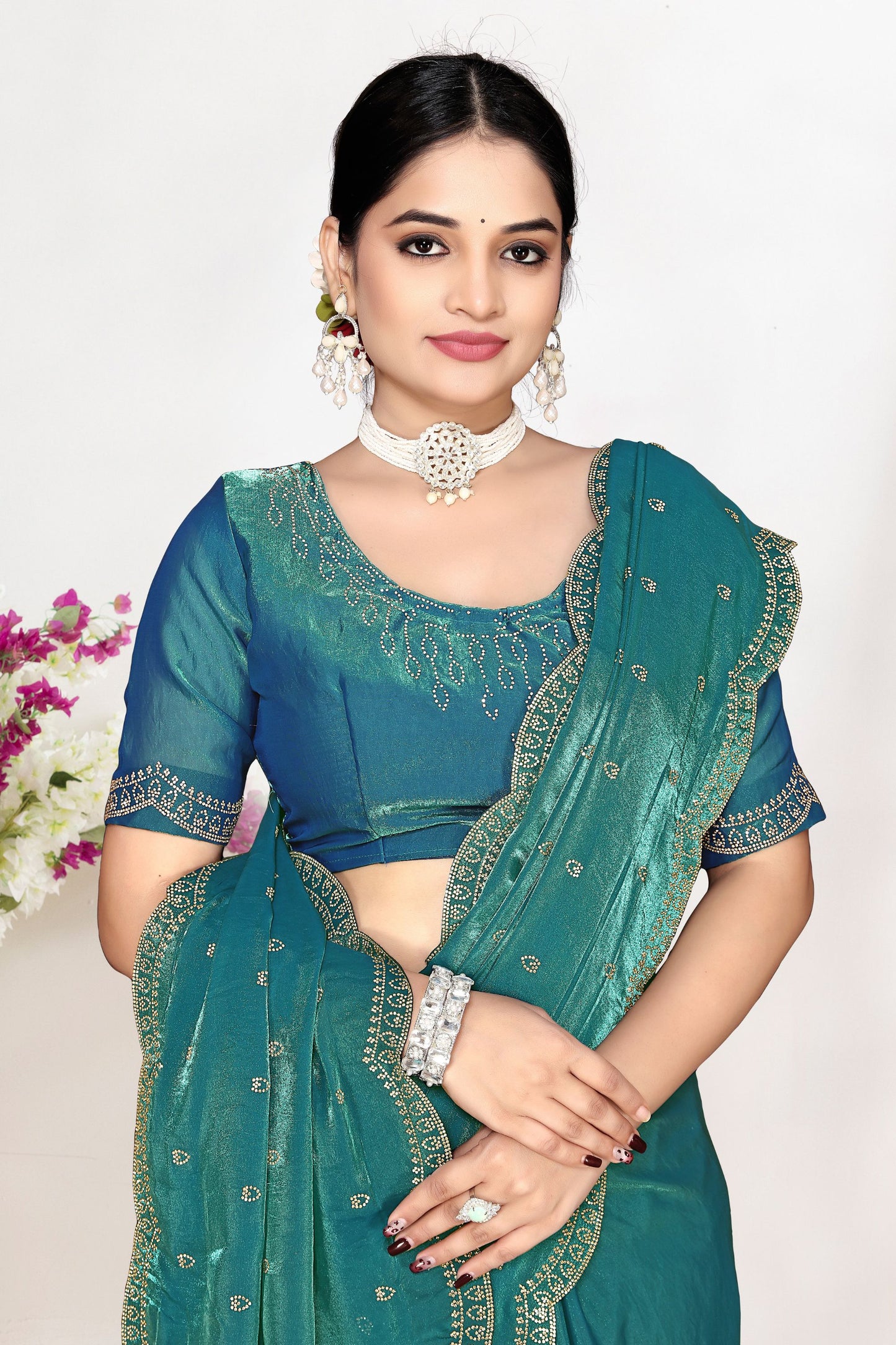 Teal Blue Silk Saree with Zari Embroidered Border Designer Blouse
