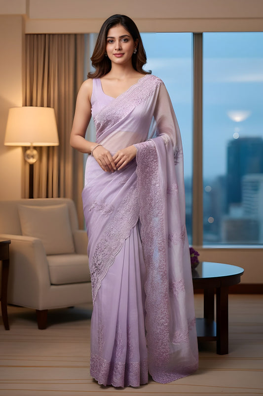 Lavender Georgette Saree with Embroidered Border Designer Pallu