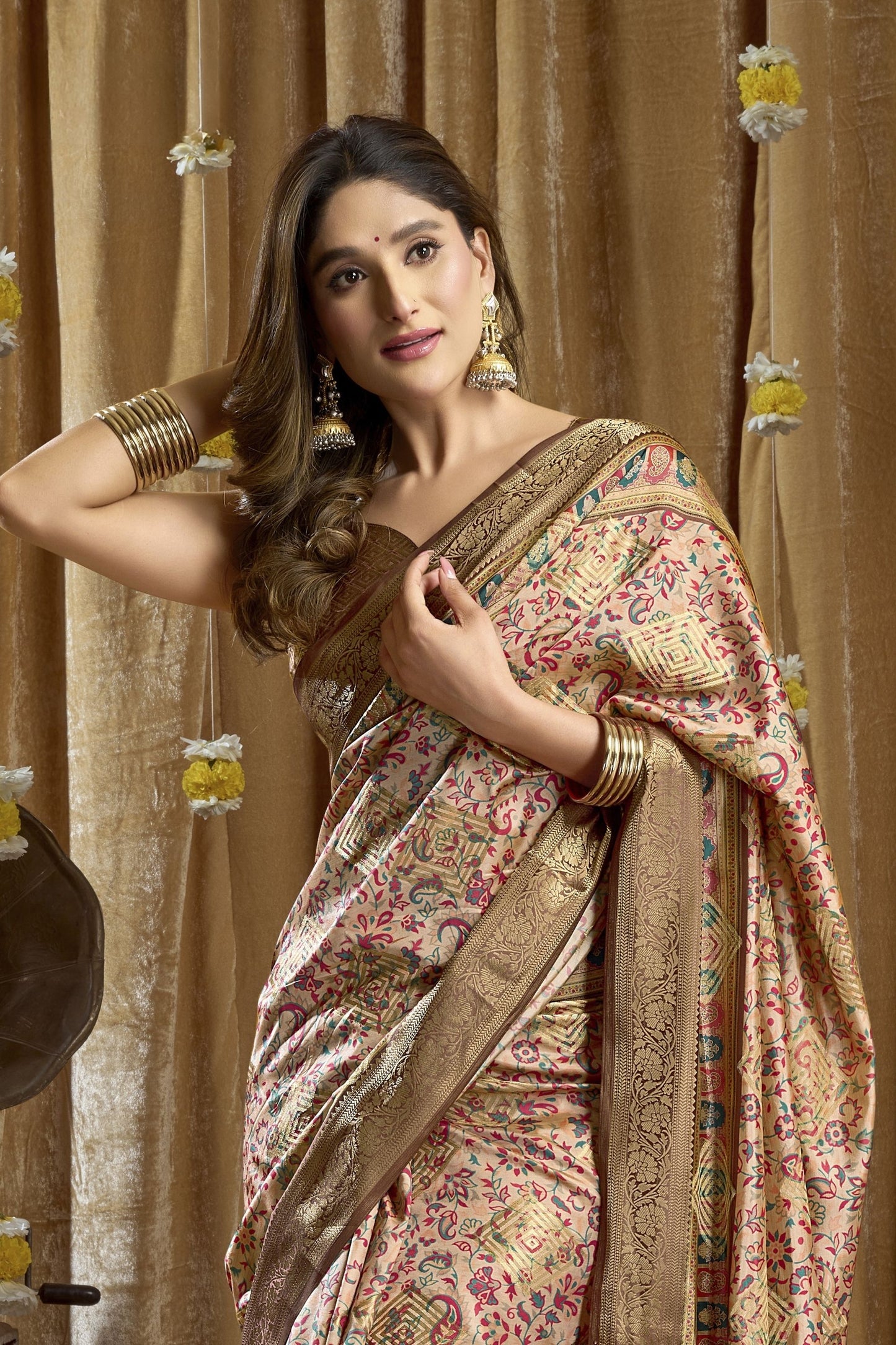 Beige And Gold Banarasi Silk Saree with Traditional Woven Saree