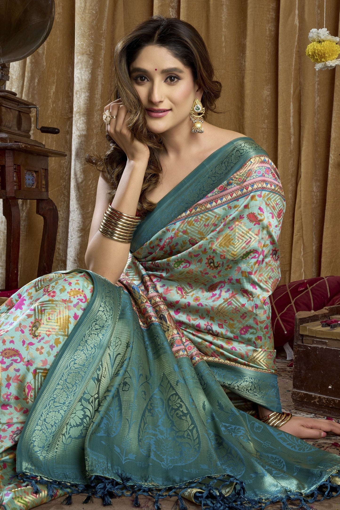 Teal Blue Multicolor Banarasi Silk Saree with Traditional Woven Motifs