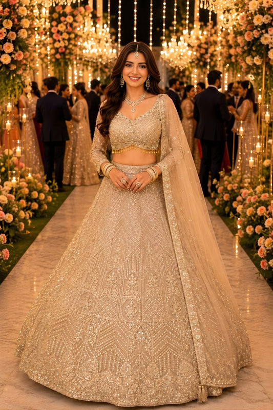 Elegant Beige Net Embroidered Bridal Lehenga Choli with Designer Dupatta for Wedding