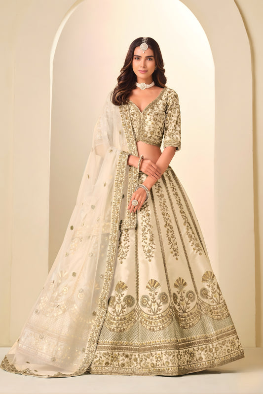 Stunning Beige Embroidered Art Silk Lehenga Choli with Dupatta for Wedding