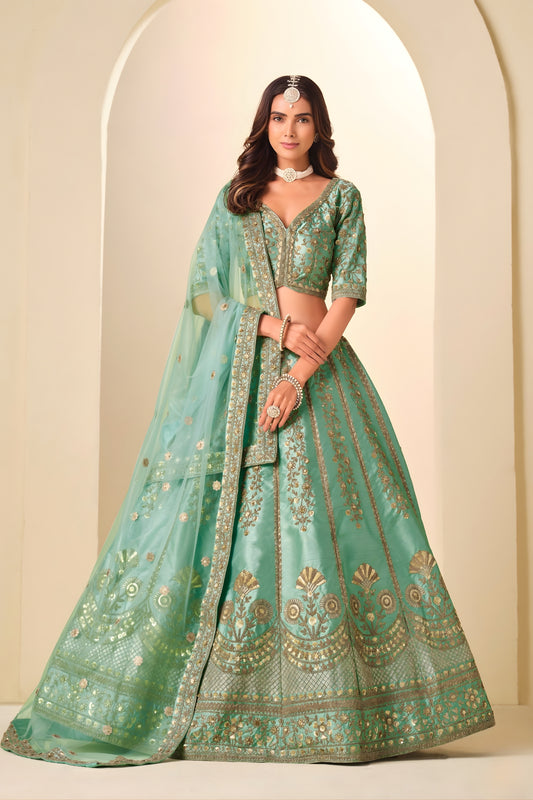 Graceful Sea Green Embroidered Art Silk Lehenga Choli with Dupatta for Wedding