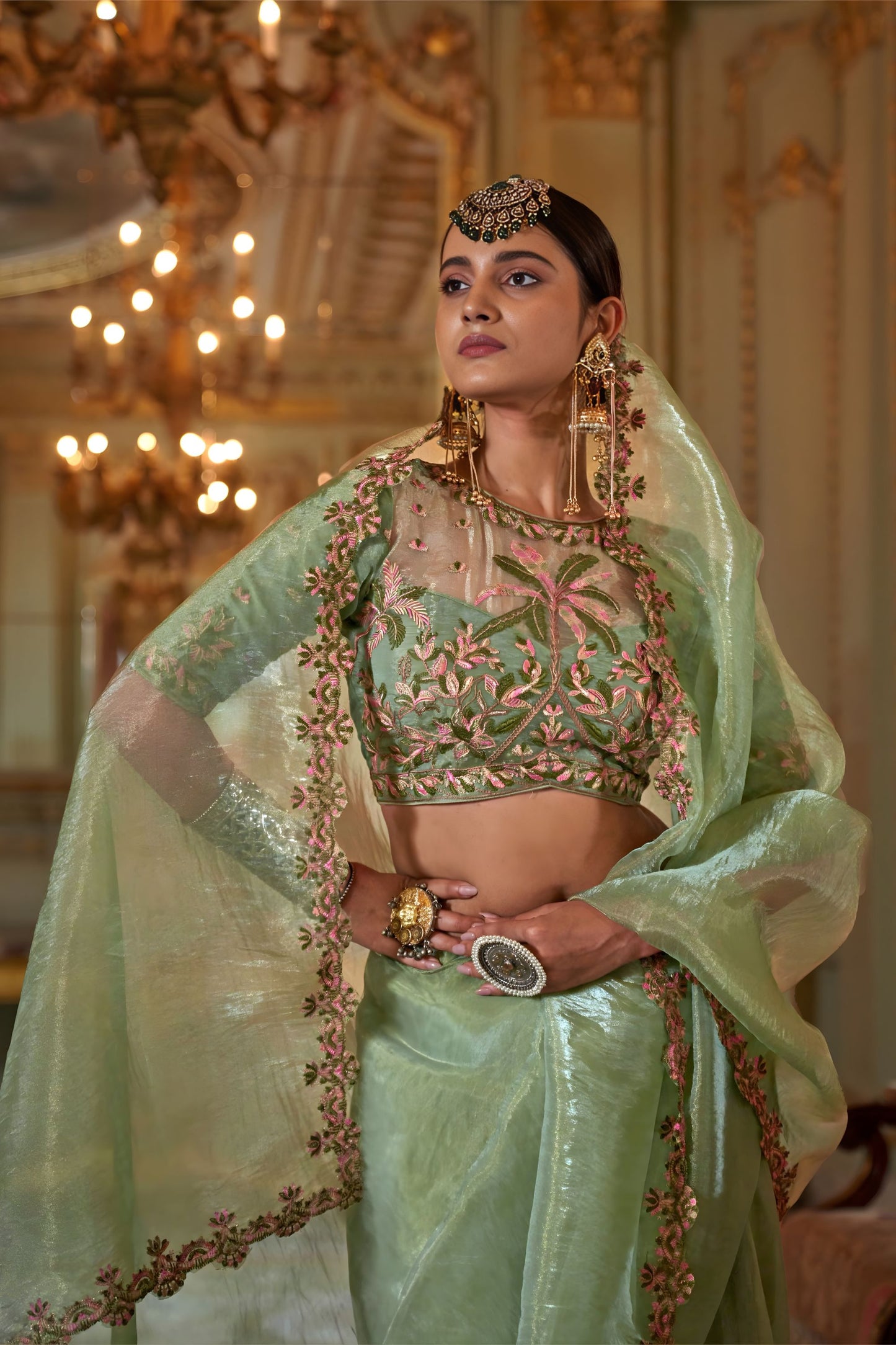 Pista Green Organza Saree Pink Floral Embroidered Border Designer Blouse