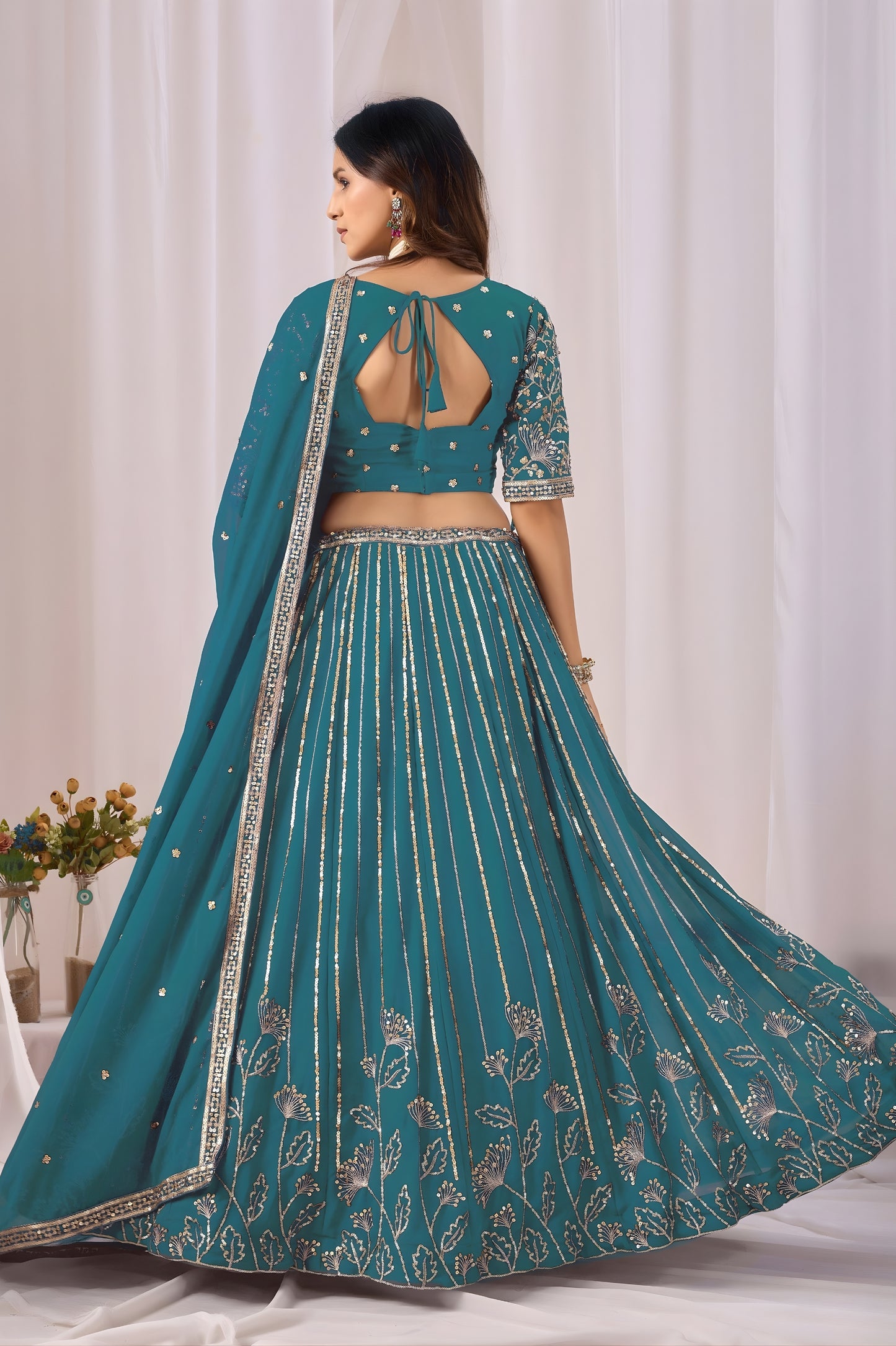 Superb Teal Blue Faux Georgette Embroidered Designer Lehenga Choli with Dupatta for Wedding