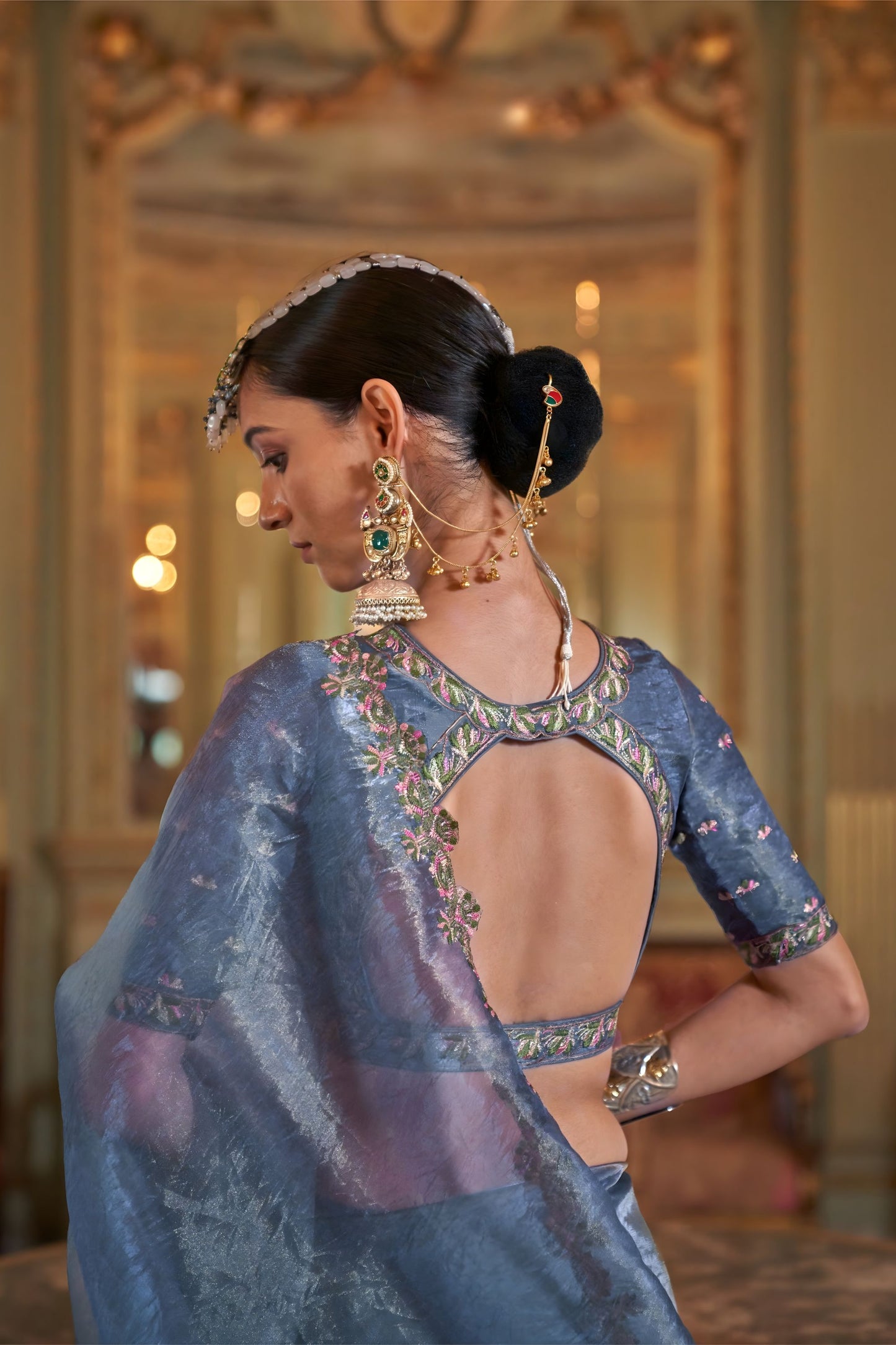 Blue Organza Saree Pink Floral Embroidered Border Designer Blouse