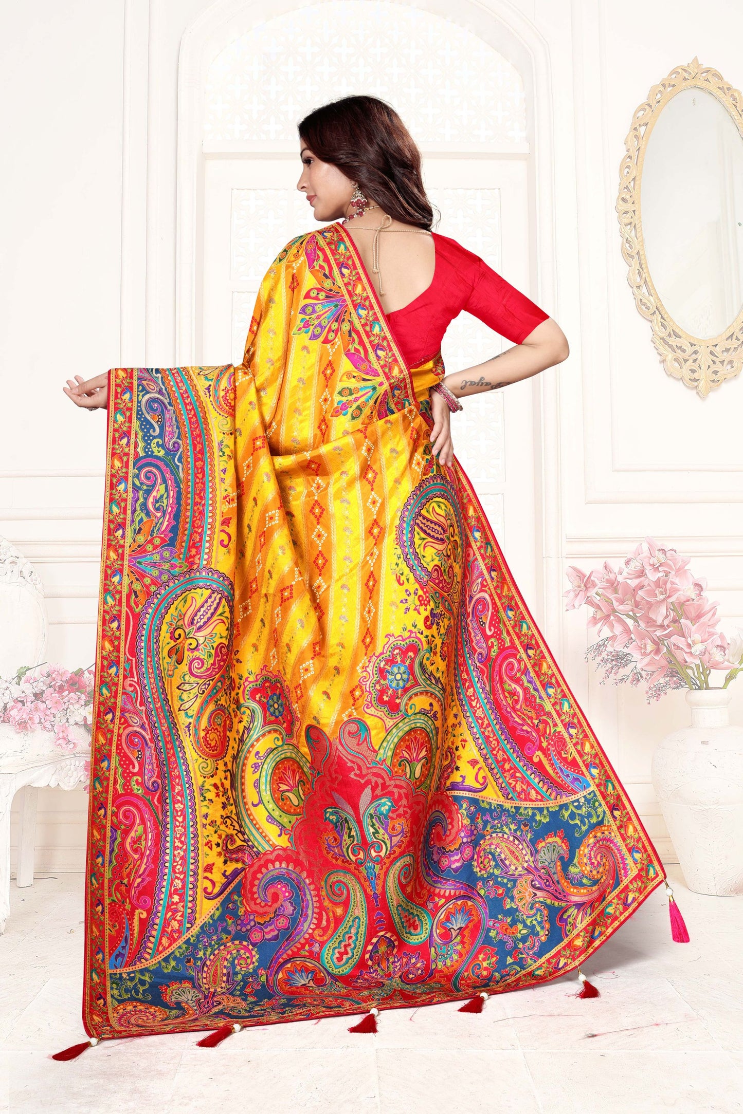 Yellow Multicolor Paisley Printed Saree with Designer Border