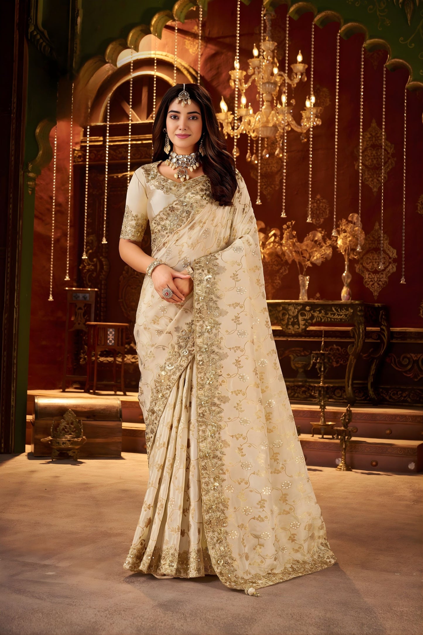 Ivory Cream Embroidered Designer Saree with Heavy Gold Work