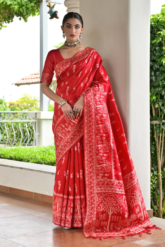 Elegant Red Cotton Silk Saree with Traditional Woven Border