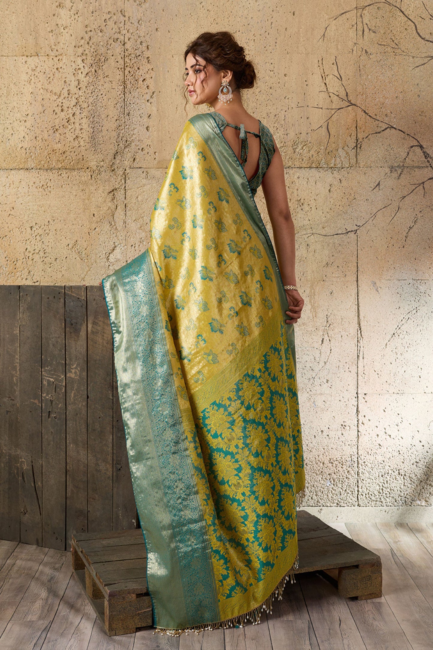 Mustard Yellow Banarasi Silk Saree Teal Blue Zari Border Floral Weaving