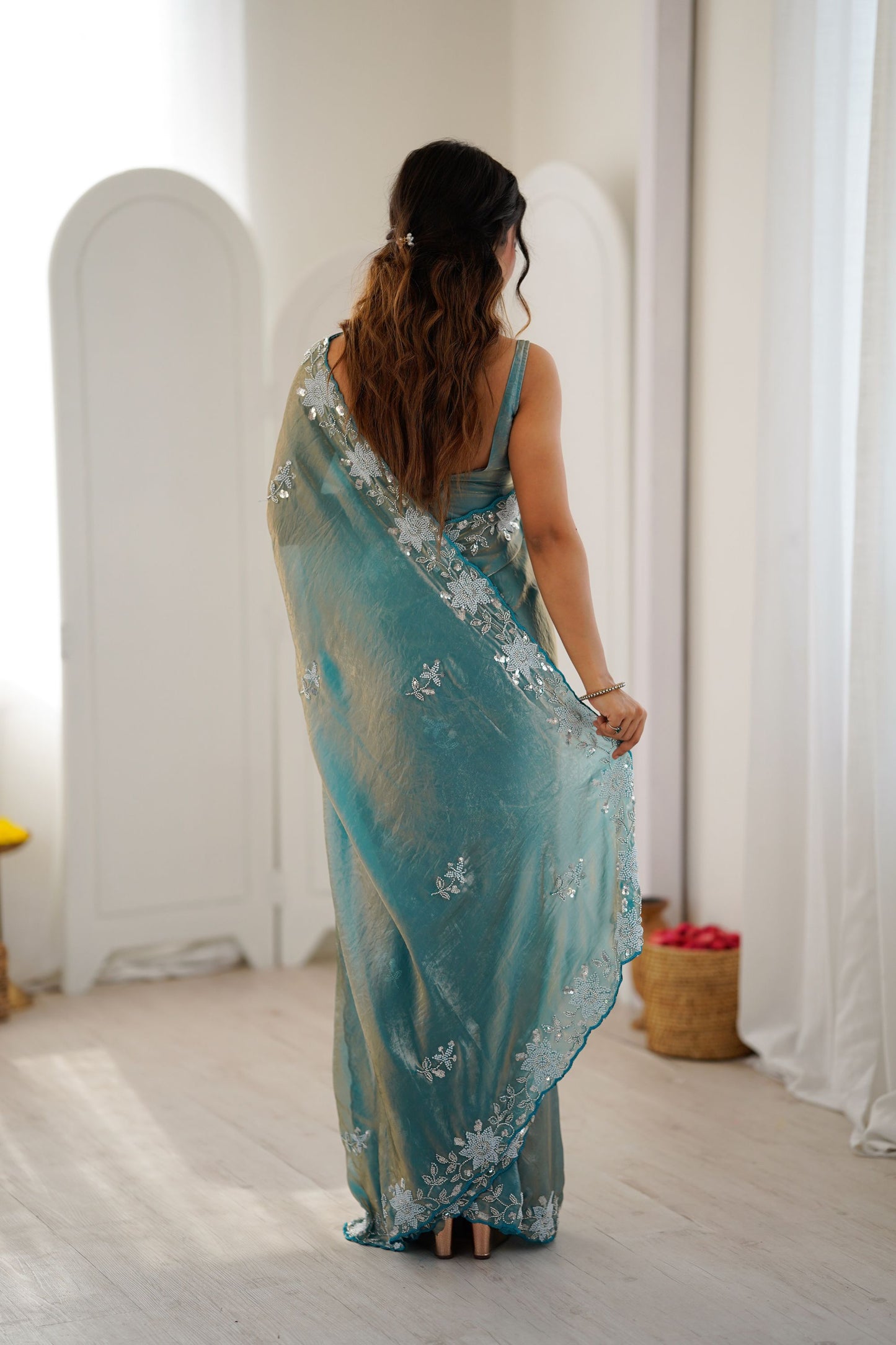 Sea Green Soft Silk Saree with Silver Floral Embroidery Border Blouse