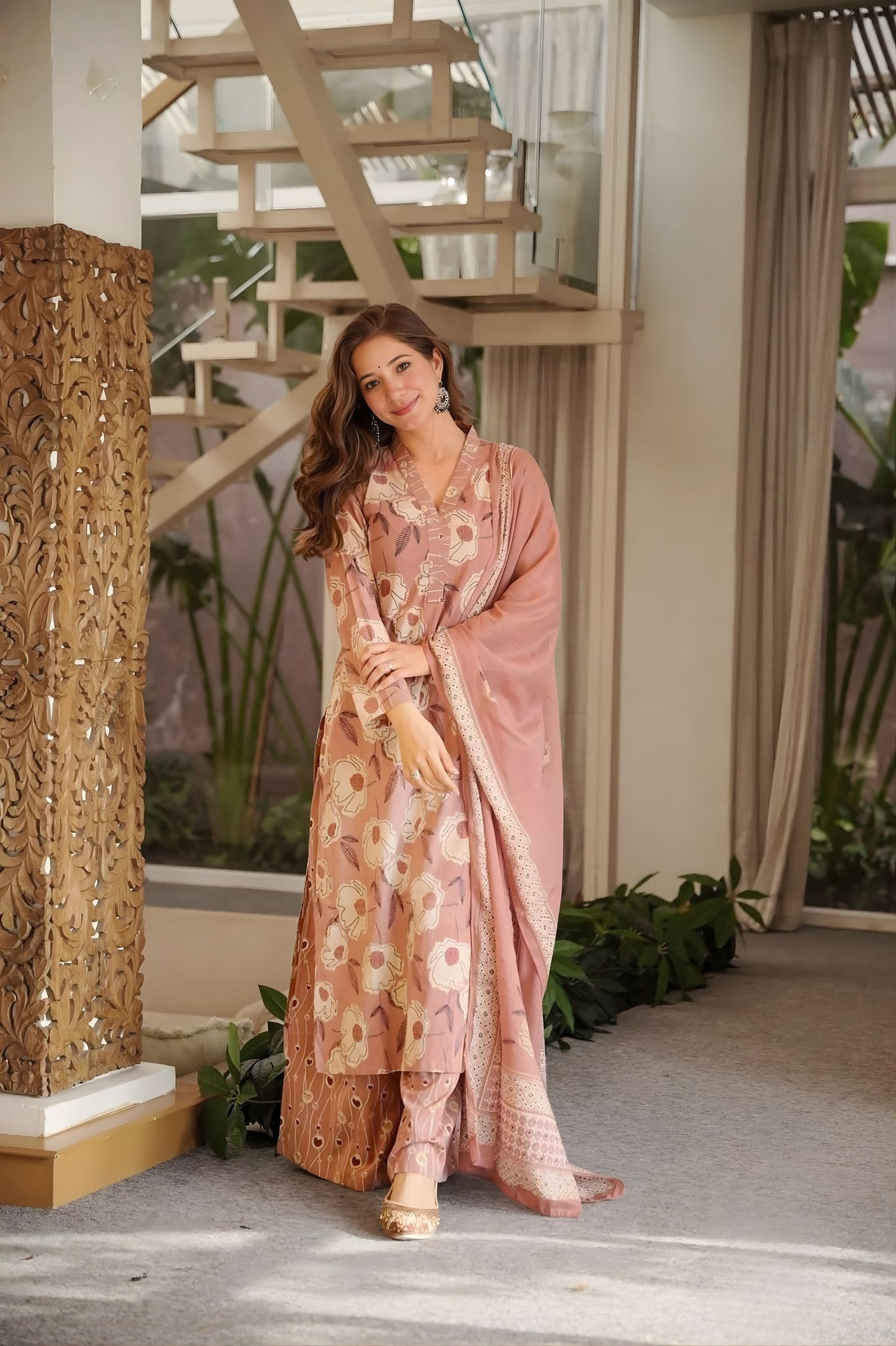 Elegant Dusty Pink Straight Cambric Cotton Printed Salwar Suit with Matching Dupatta