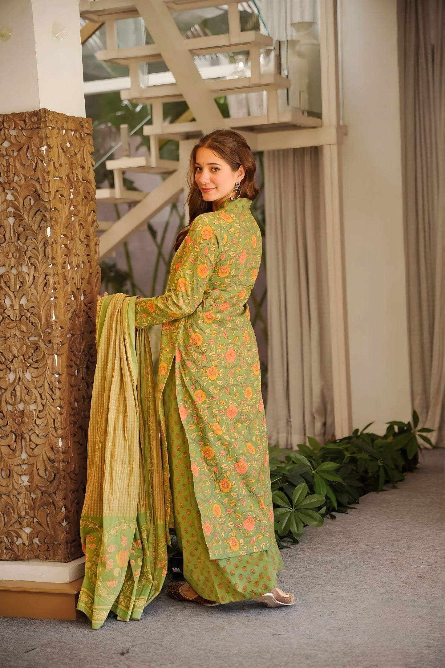 Beautiful Olive Green Straight Cambric Cotton Printed Salwar Suit Designer Dupatta