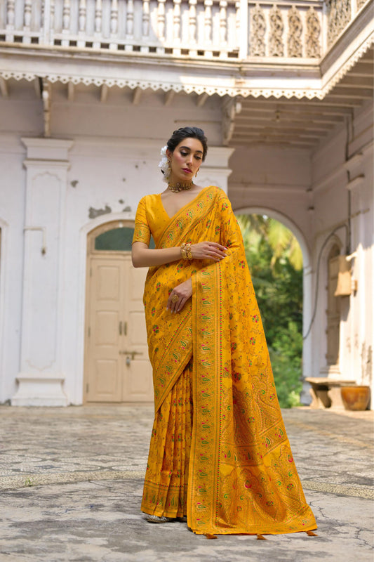 Mustard Yellow Silk Saree Pink Paisley Floral Weaving Border