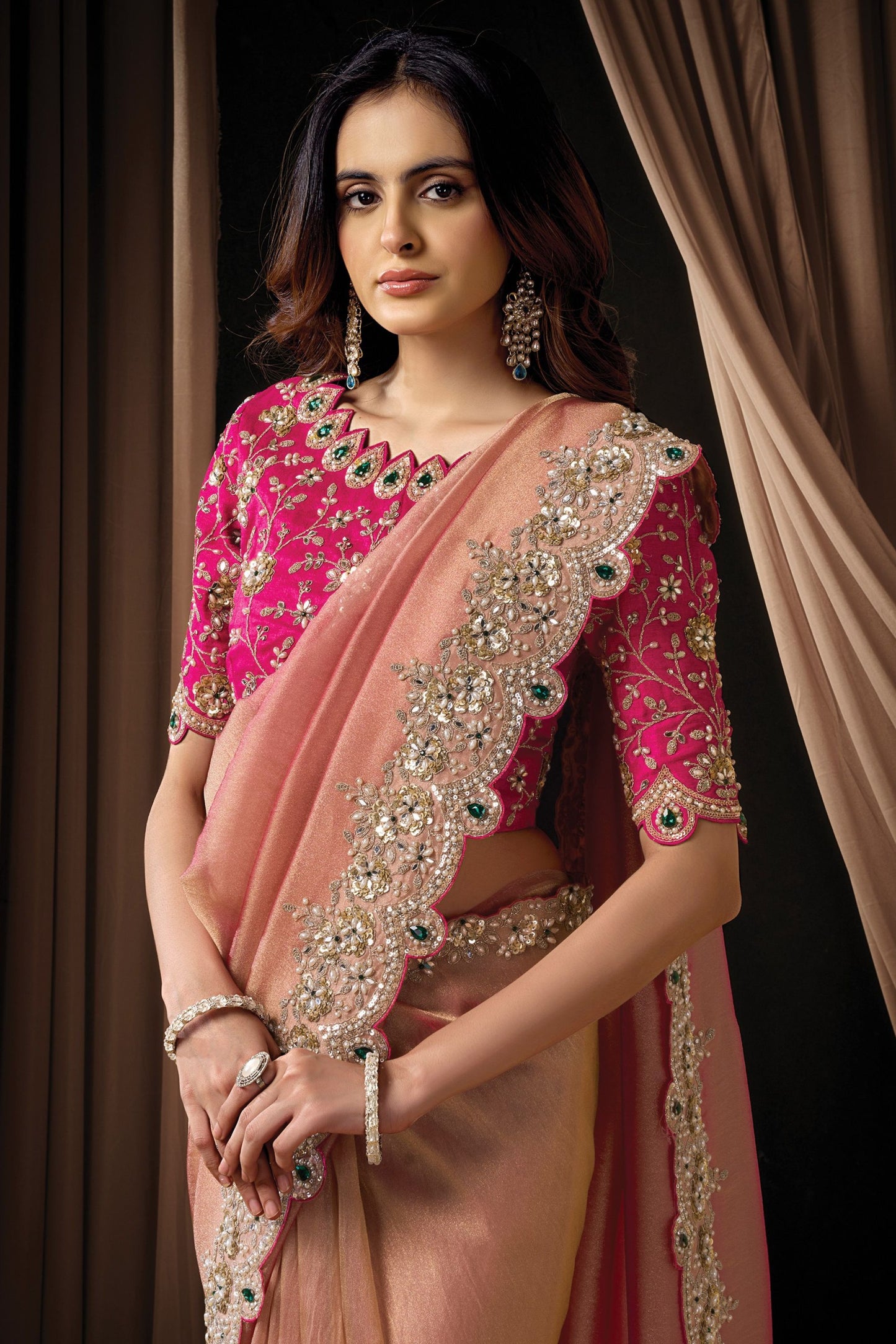 Peach Embroidered Designer Saree with Heavy Zari Border Pink Blouse